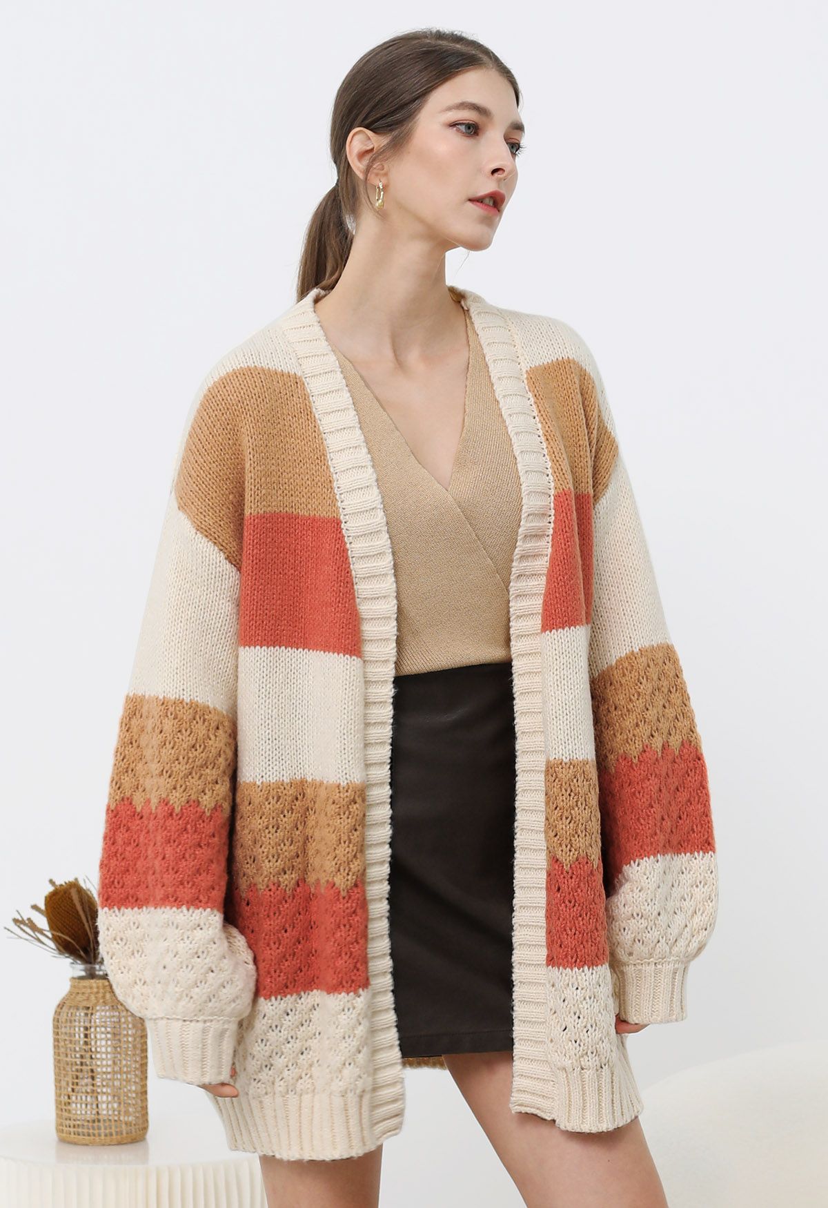 Warm Hues Color Block Puff Sleeve Knit Cardigan