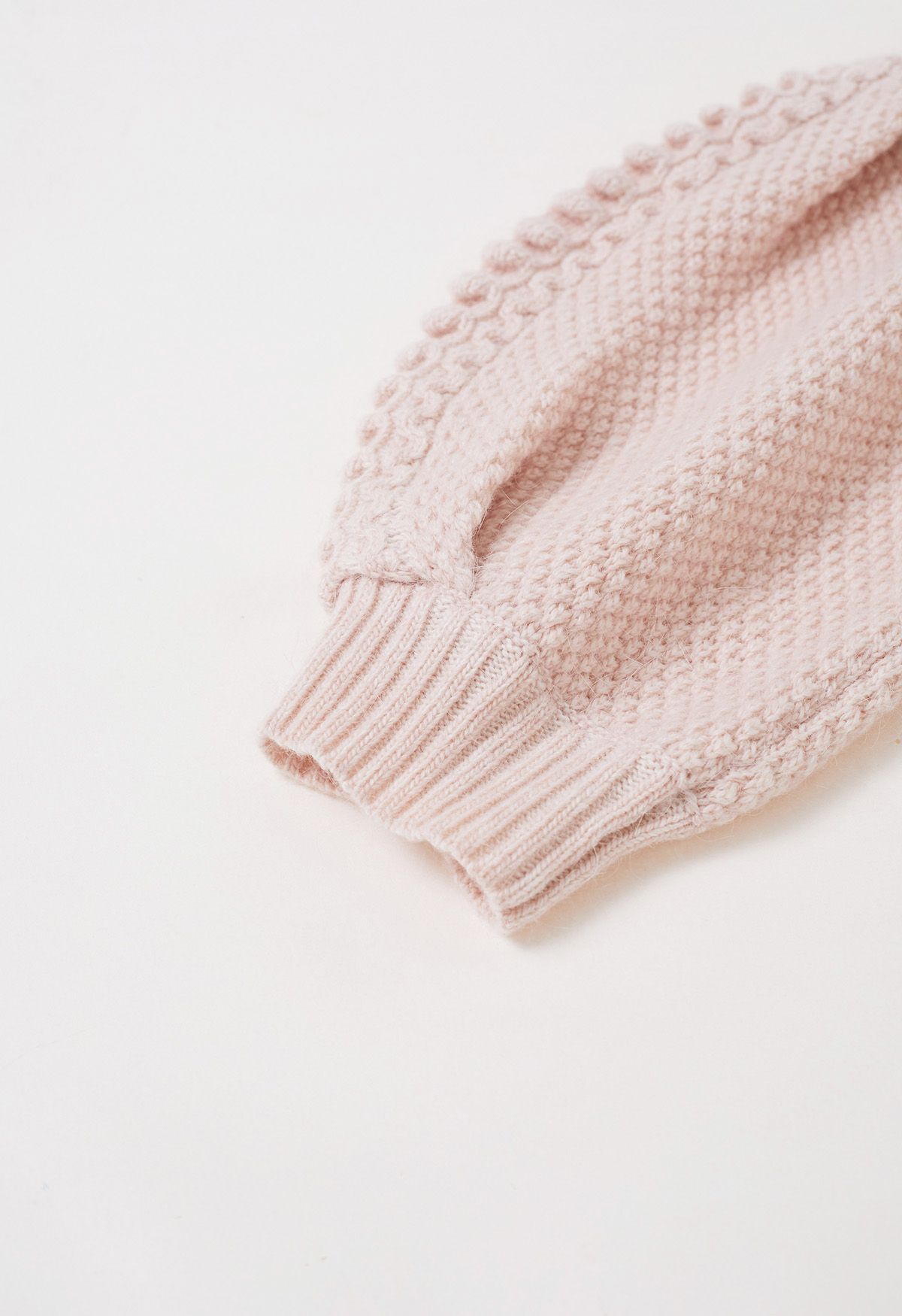 Embossed Texture Puff Sleeve Knit Sweater in Pink