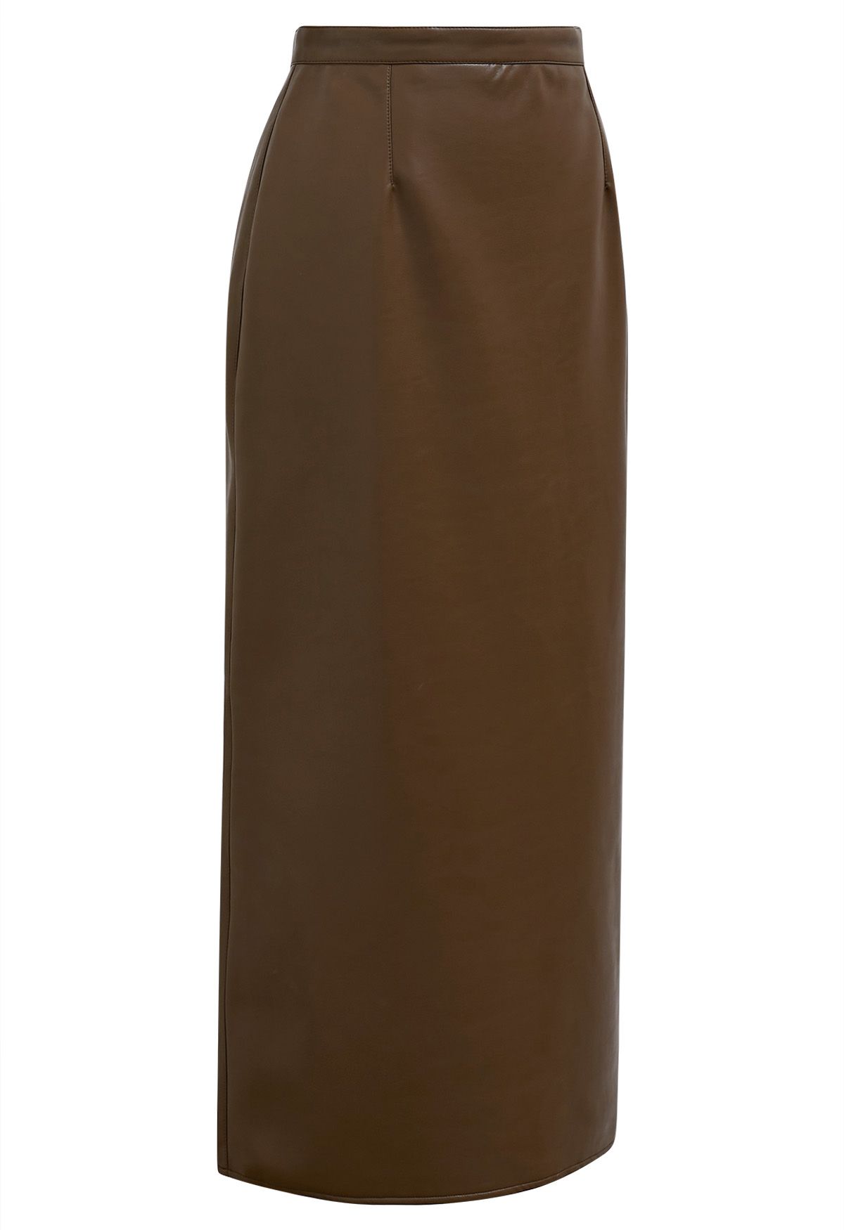 Smooth Silhouette Faux Leather Split Maxi Skirt in Brown