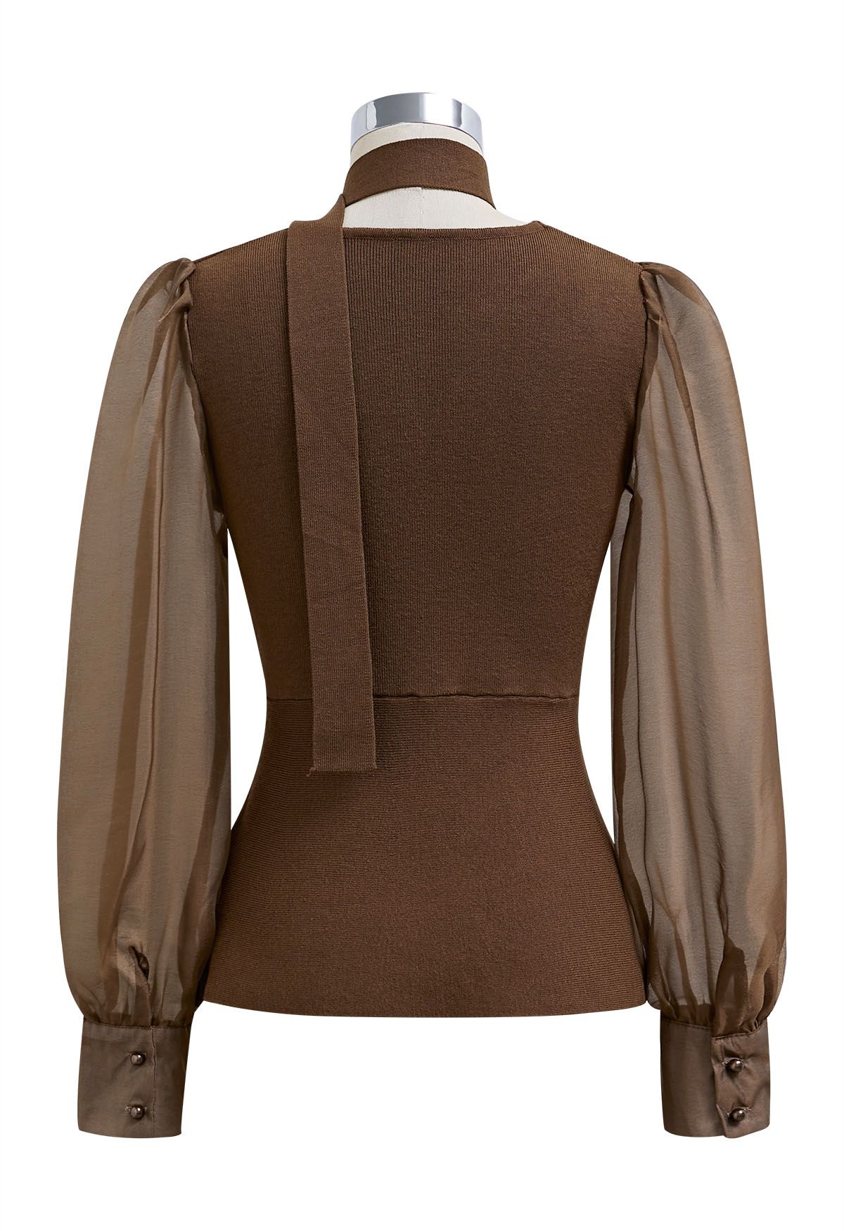 Sheer Sleeves Spliced Knit Top with Scarf in Brown