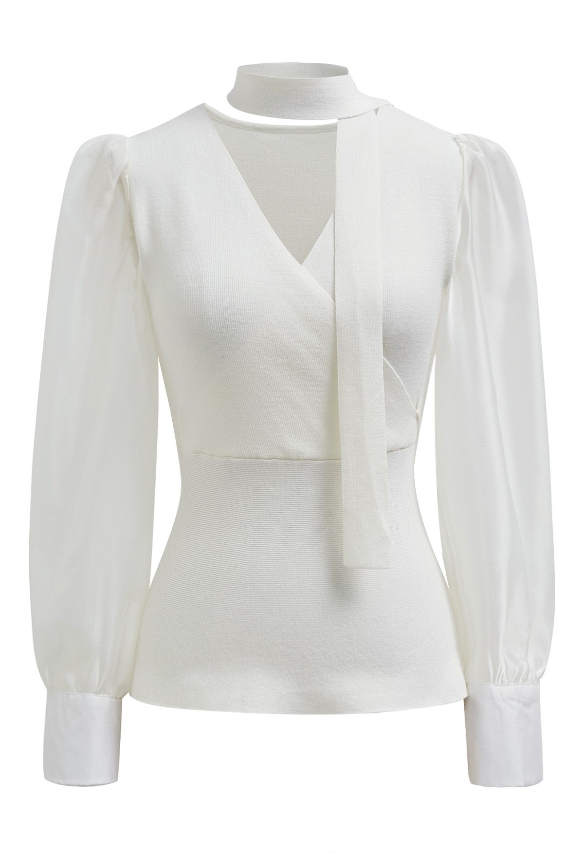 Sheer Sleeves Spliced Knit Top with Scarf in White