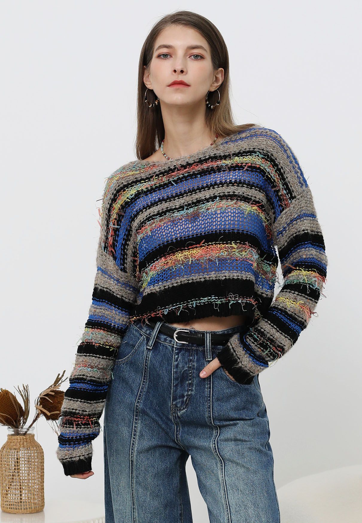 Multicolored Stripe Pointelle Fringed Knit Sweater in Black