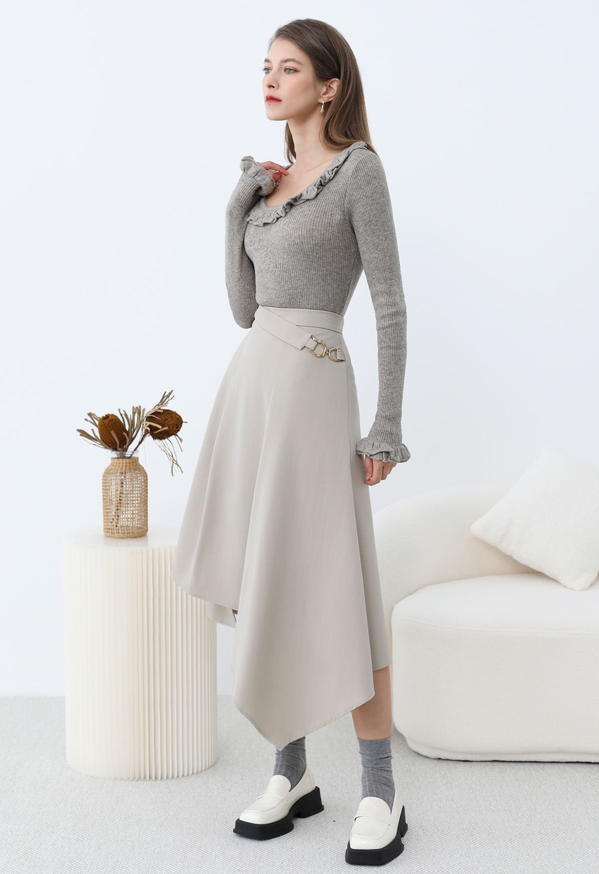 Belt Trim Asymmetry Flowy Midi Skirt in Ivory