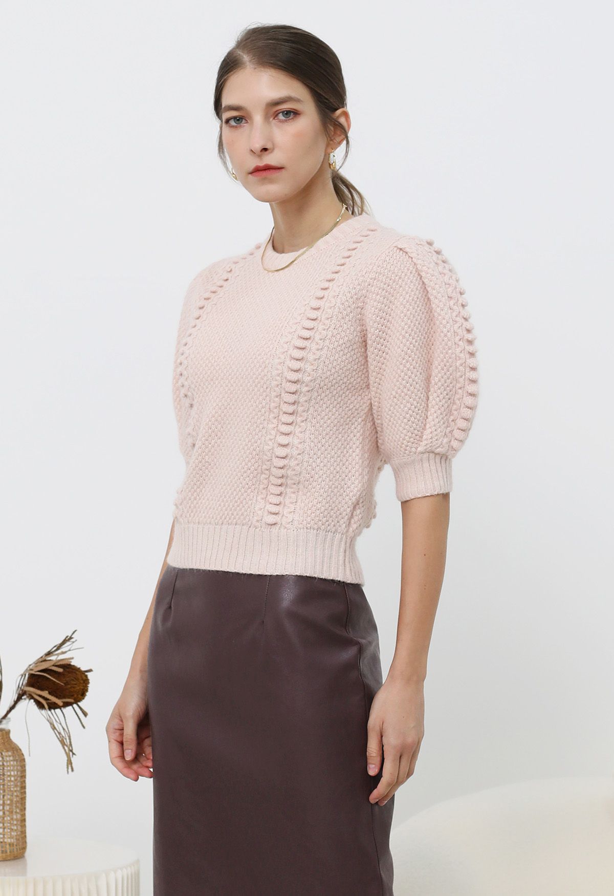 Embossed Texture Puff Sleeve Knit Sweater in Pink