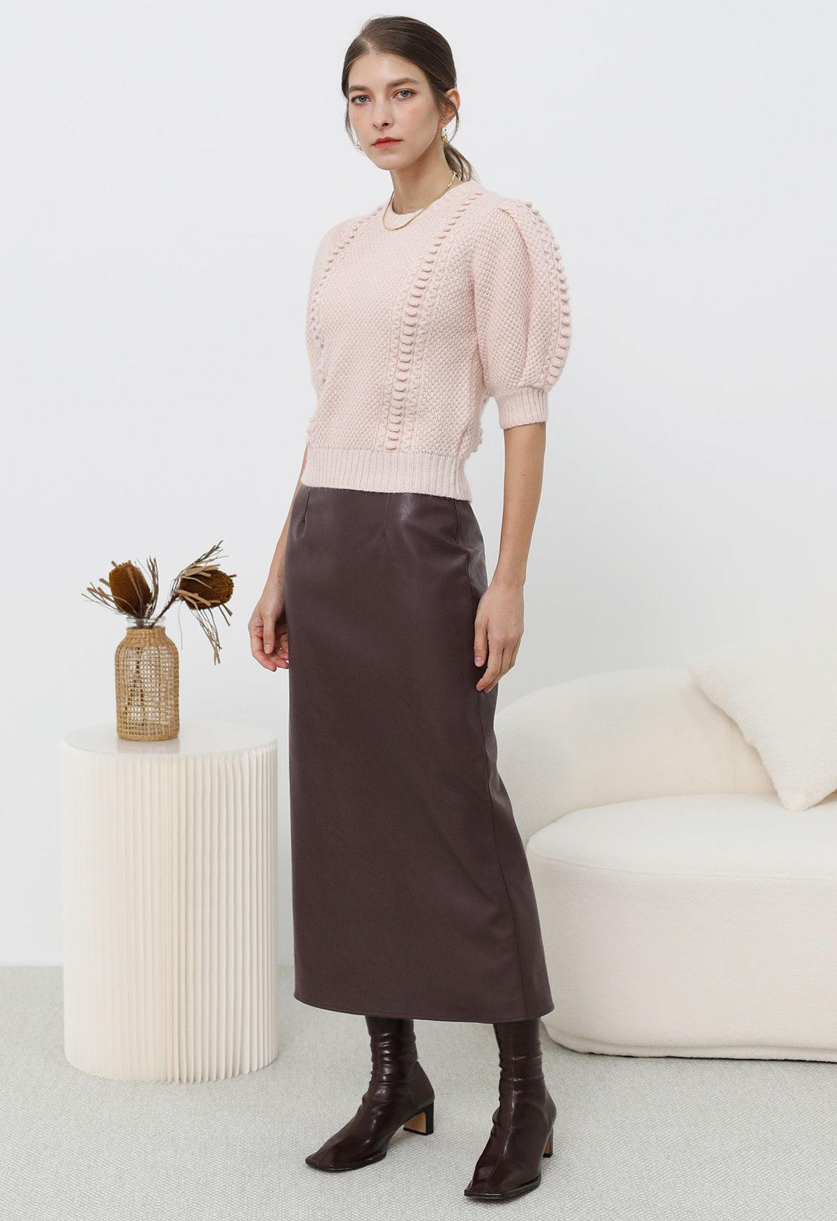 Smooth Silhouette Faux Leather Split Maxi Skirt in Burgundy