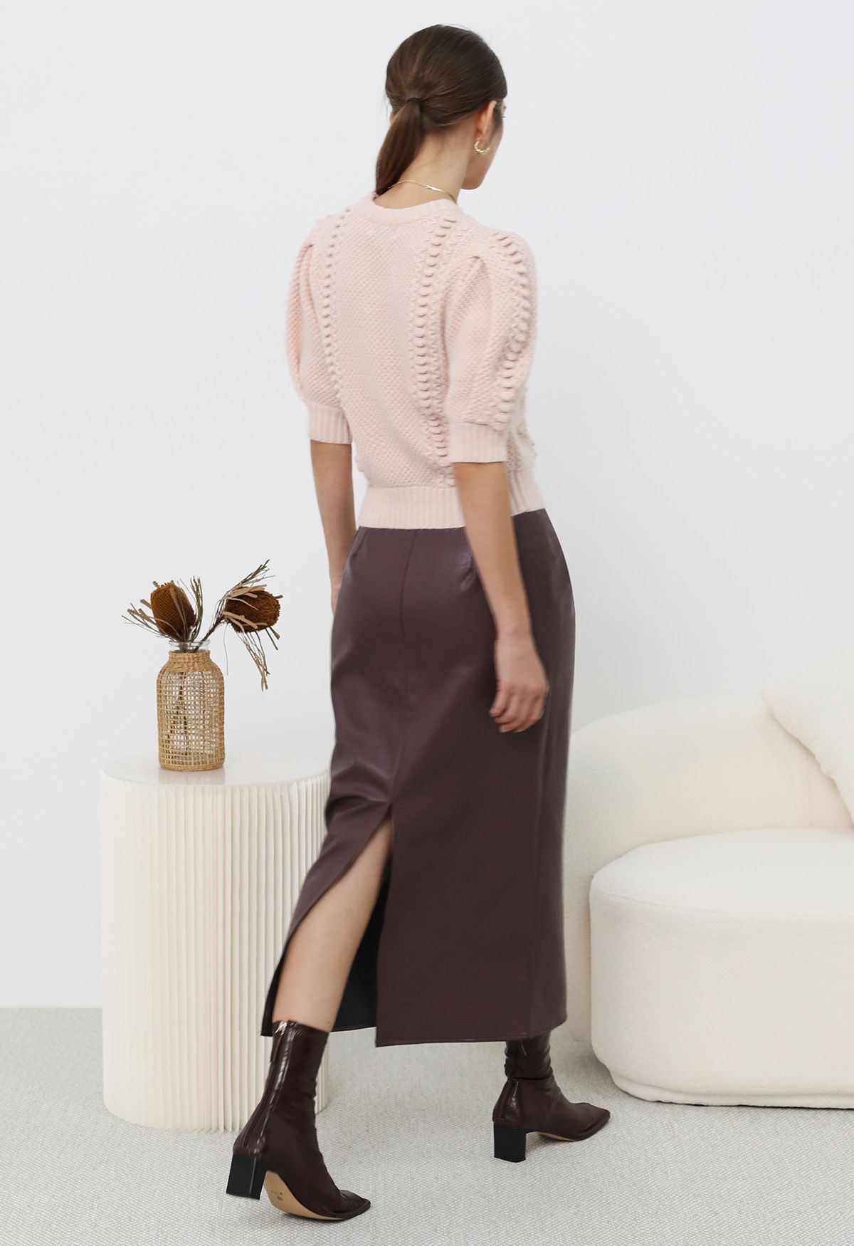 Smooth Silhouette Faux Leather Split Maxi Skirt in Burgundy