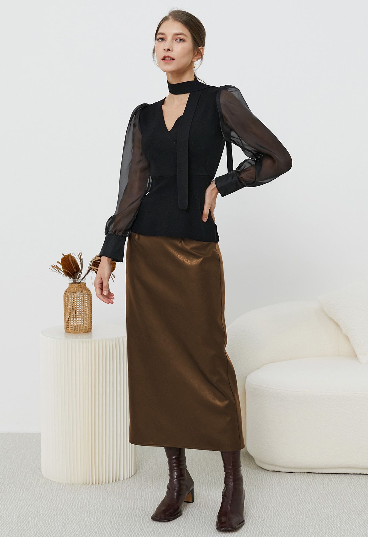 Sheer Sleeves Spliced Knit Top with Scarf in Black