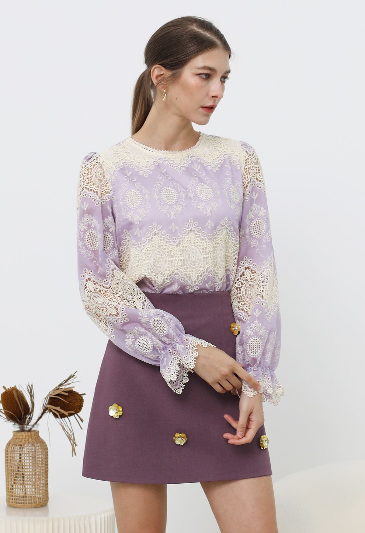 3D Golden Flower Embellished Mini Skirt in Violet