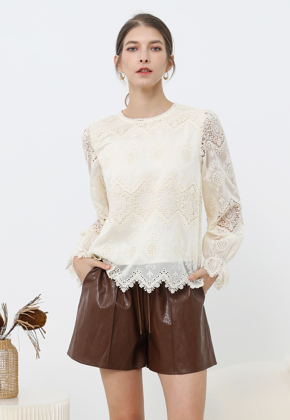 Embroidered Lace Zigzag Hemline Top in Cream