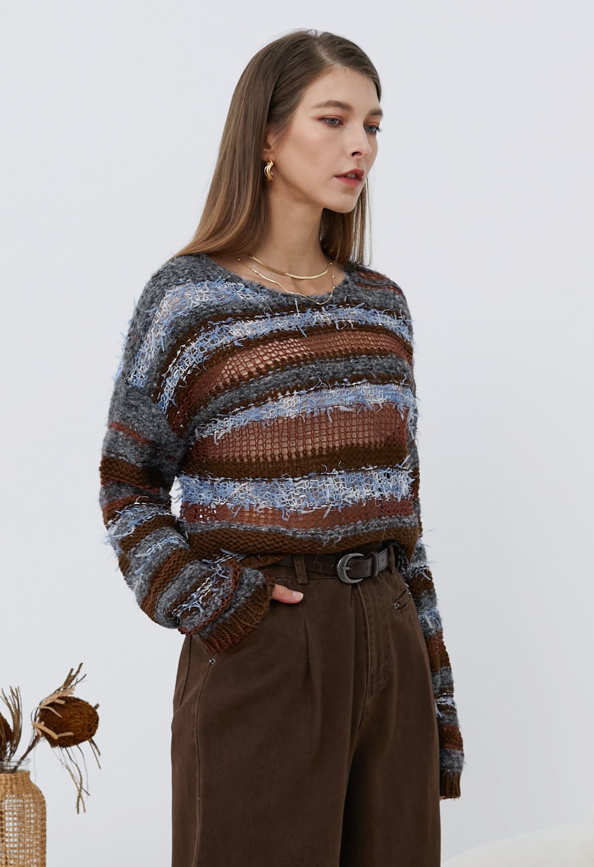 Multicolored Stripe Pointelle Fringed Knit Sweater in Burgundy