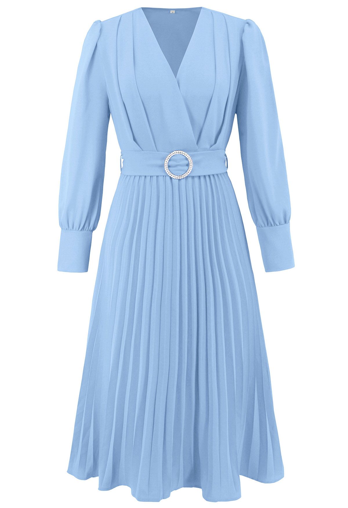 Graceful Pleats Faux-Wrap Belted Midi Dress in Blue