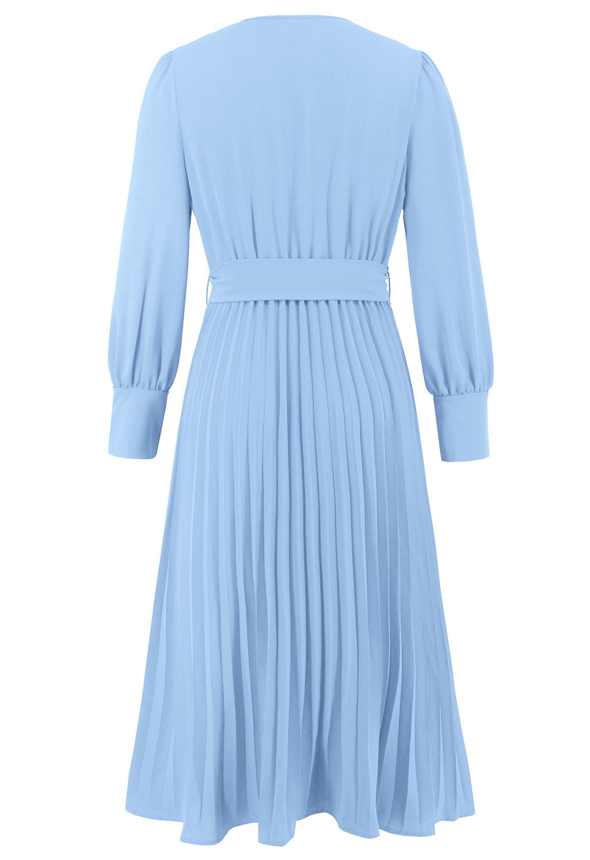 Graceful Pleats Faux-Wrap Belted Midi Dress in Blue