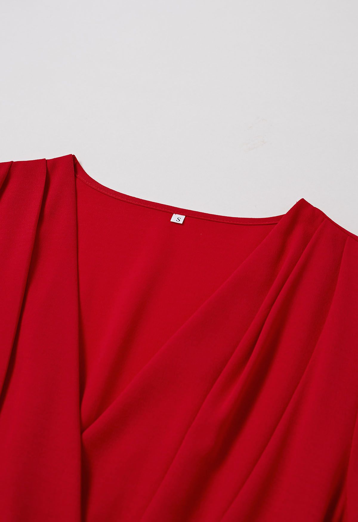 Graceful Pleats Faux-Wrap Belted Midi Dress in Red