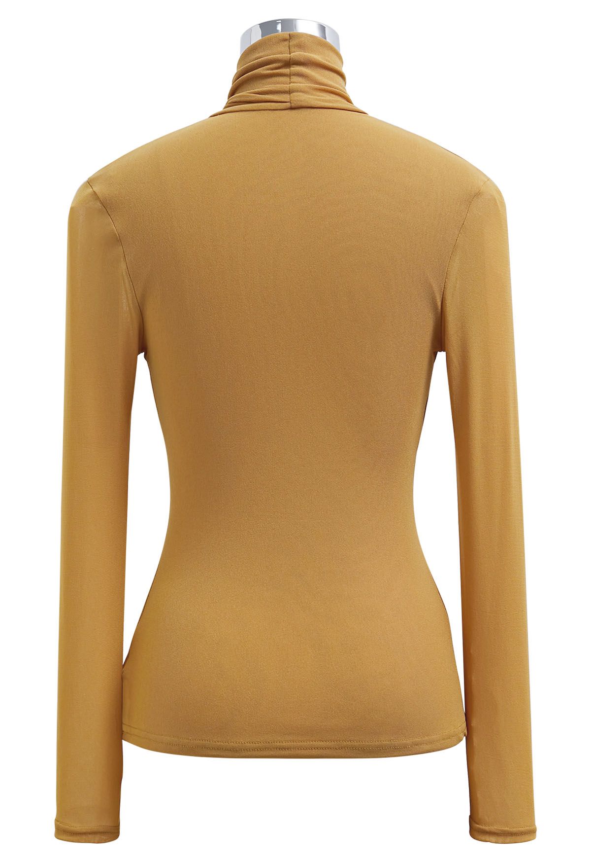 Knotted Mock Neck Cutout Mesh Top in Mustard