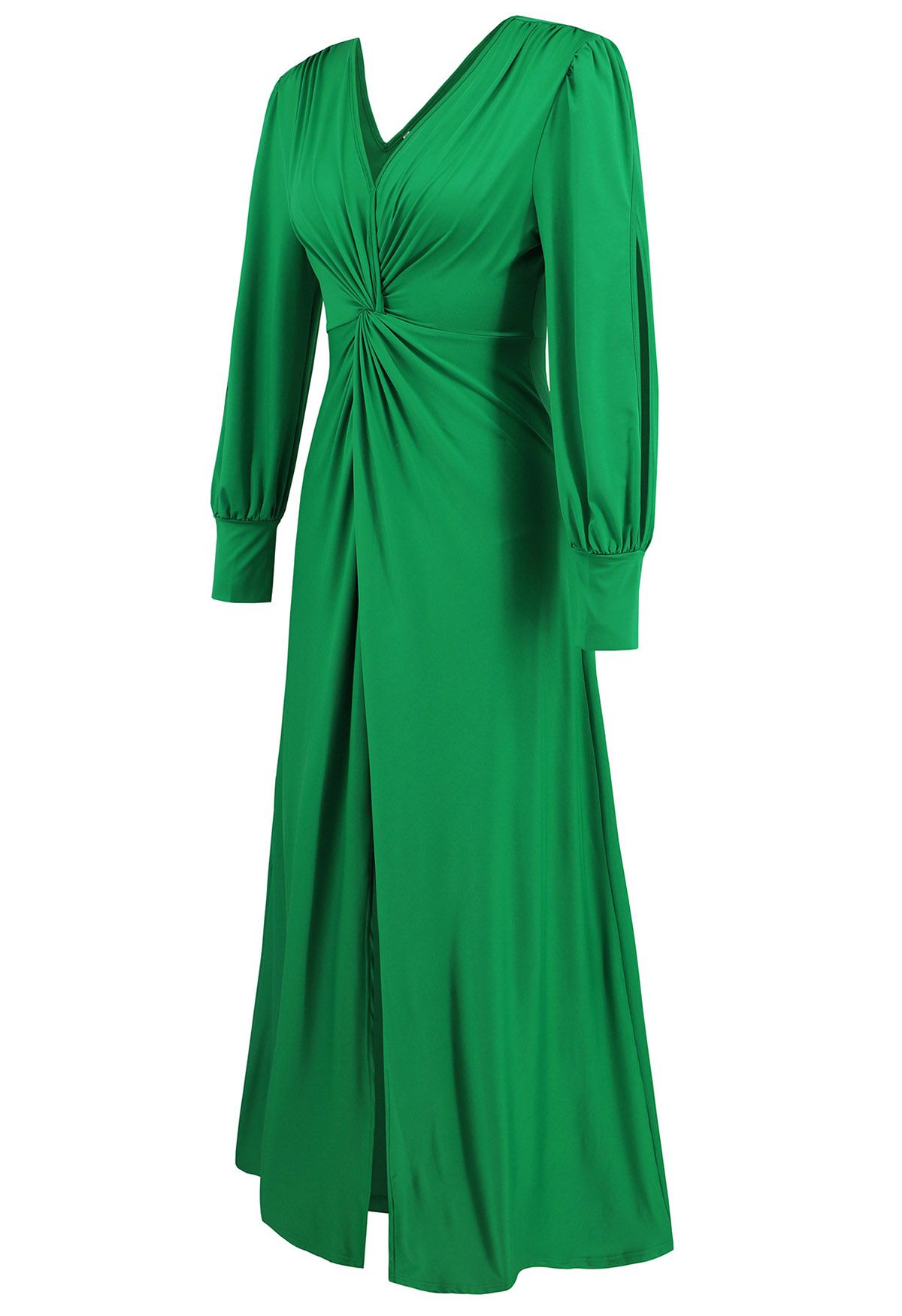 Twist Front V-Neck Cutout Sleeve Maxi Dress in Green