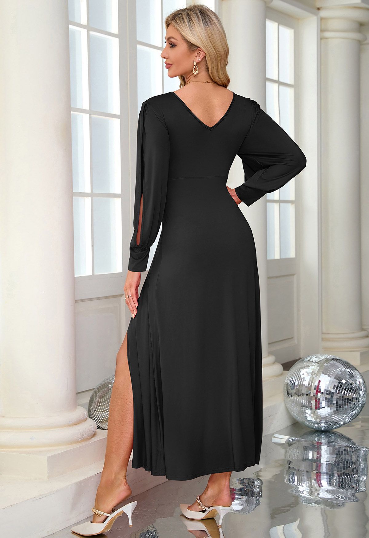 Twist Front V-Neck Cutout Sleeve Maxi Dress in Black