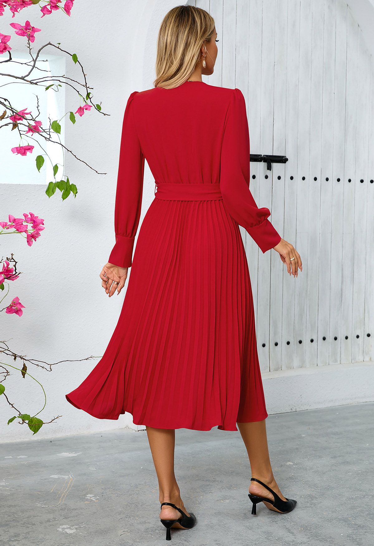 Graceful Pleats Faux-Wrap Belted Midi Dress in Red