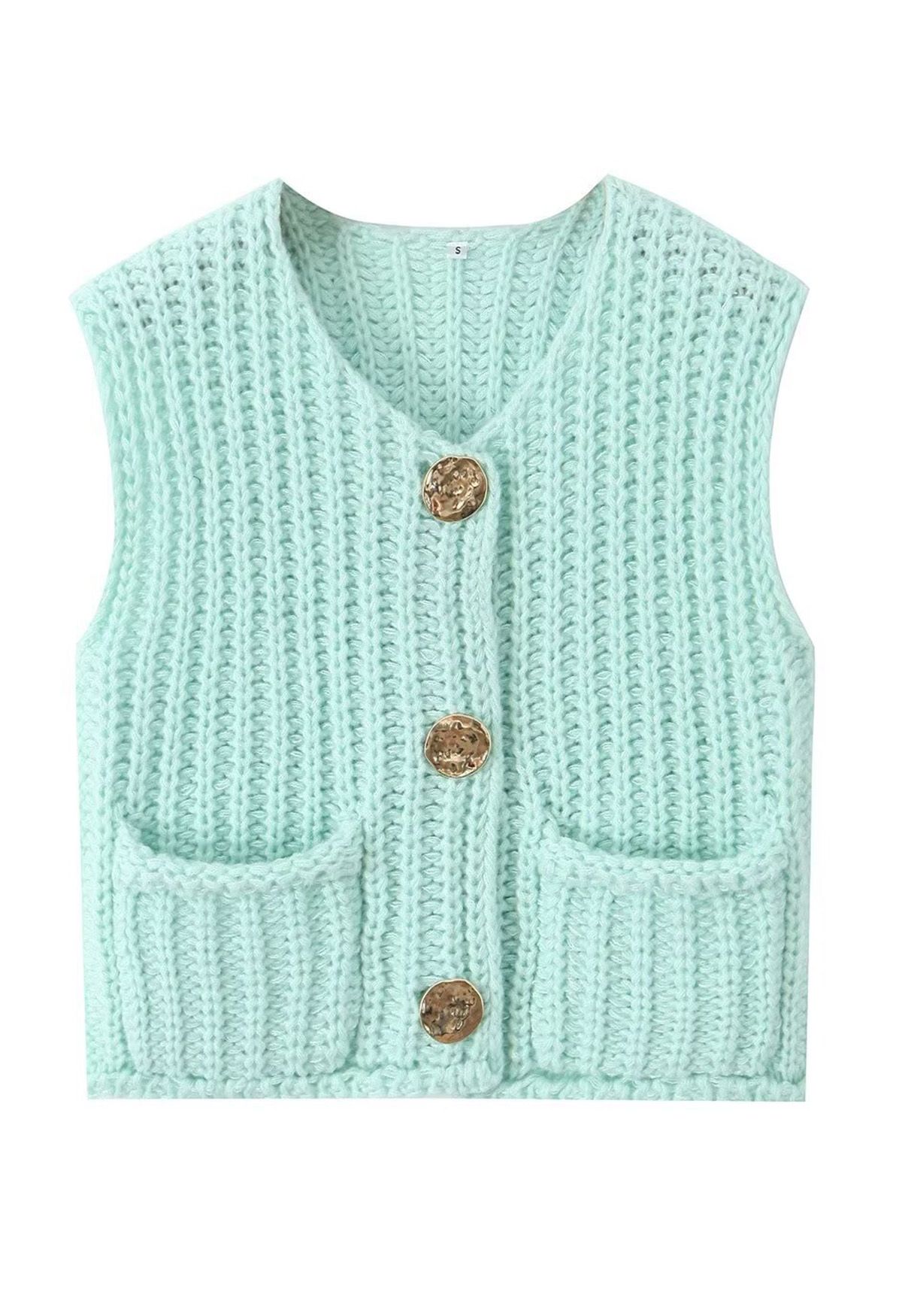 Bold Golden Buttons Patch Pocket Chunky Knit Vest in Mint