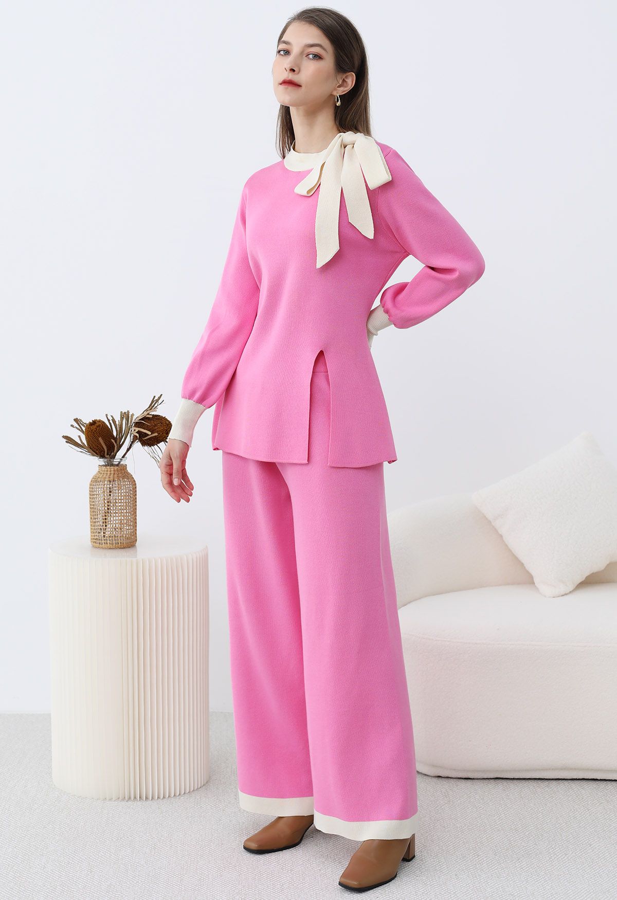 Contrast Edge Bowknot Knit Sweater and Pants Set in Candy Pink