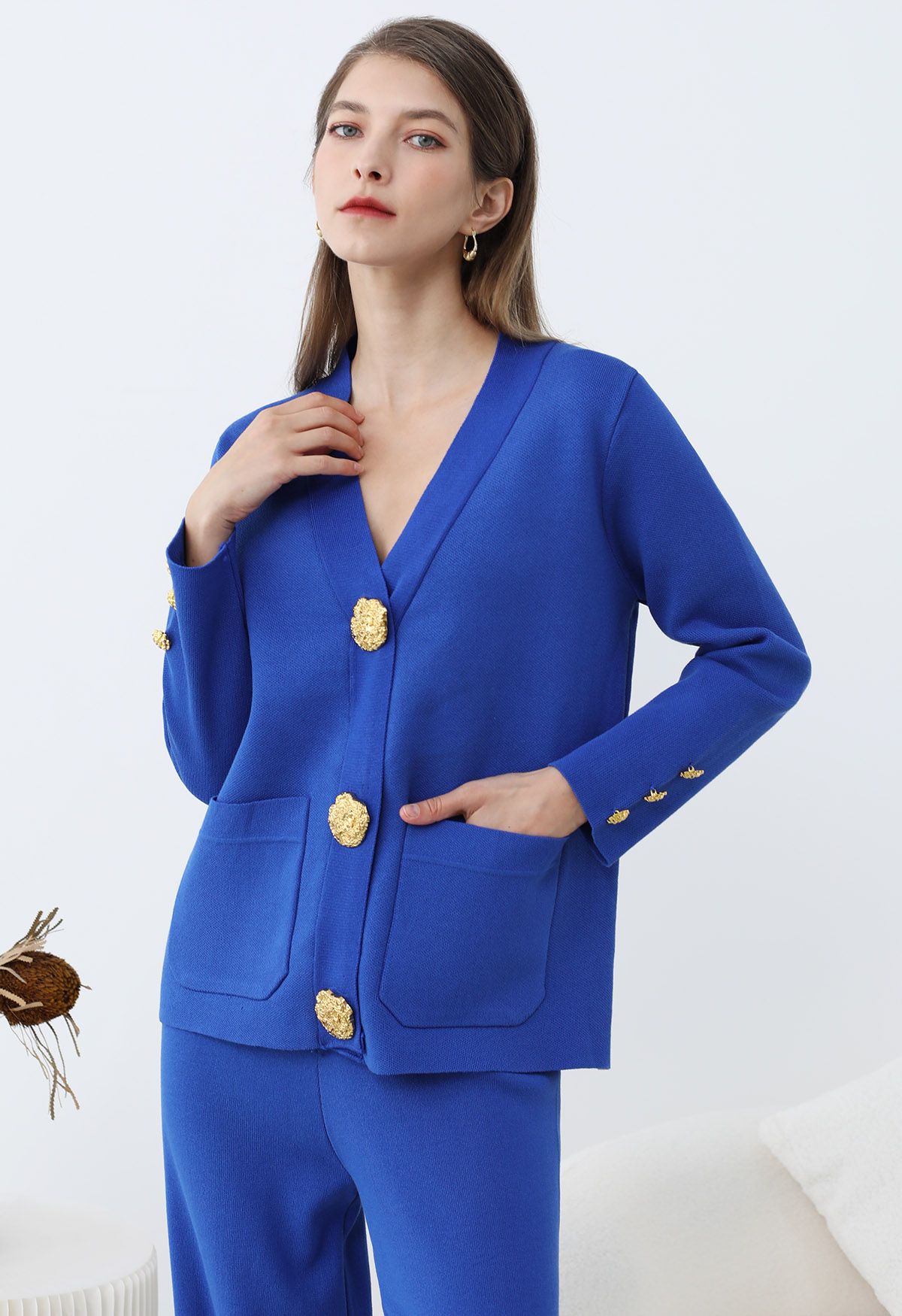 Golden Button Patch Pocket Knit Cardigan and Pants Set in Royal Blue