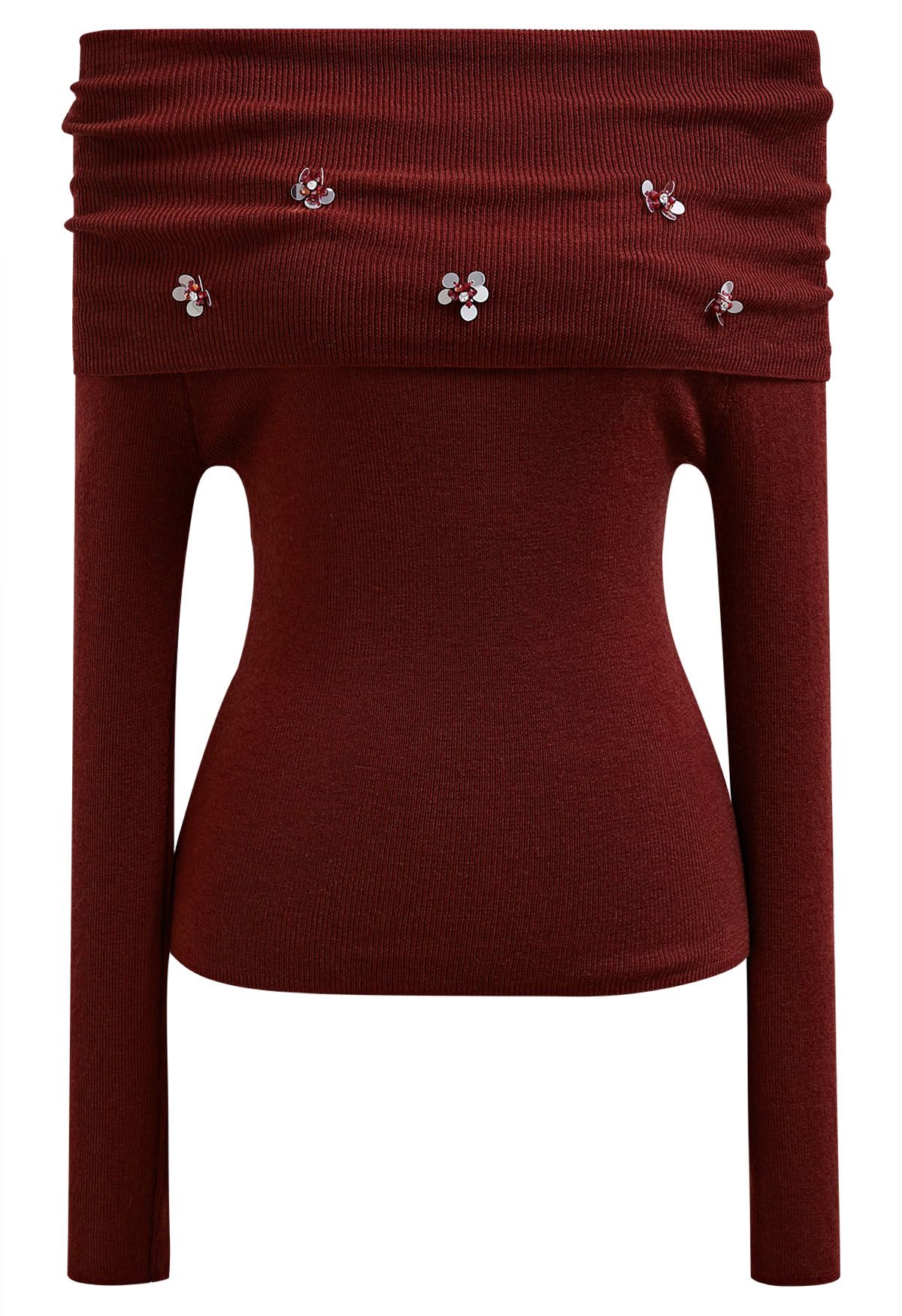 3D Sequin Flower Foldover Off-Shoulder Knit Top in Burgundy