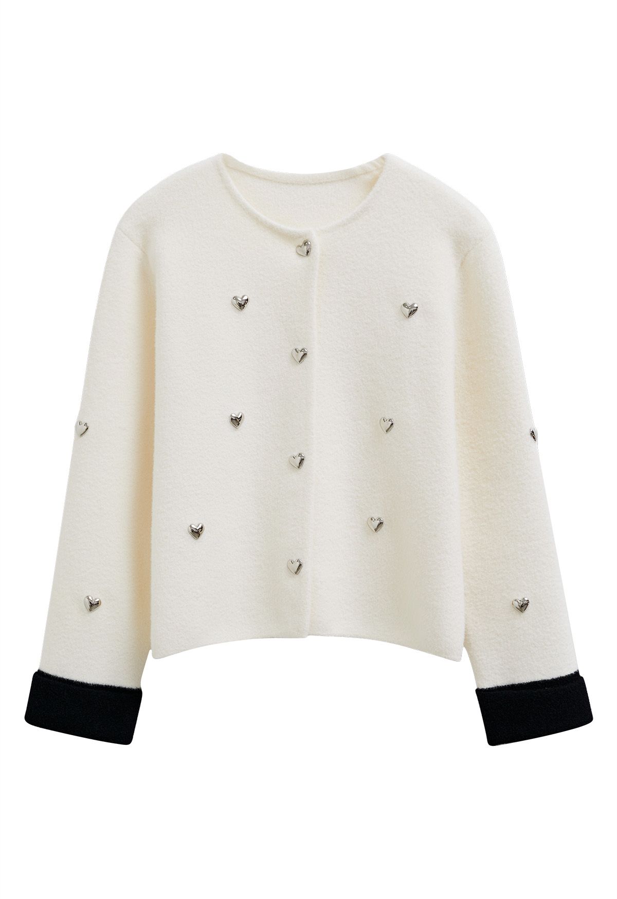 3D Heart Embellished Stud Button Contrast Cardigan in Ivory