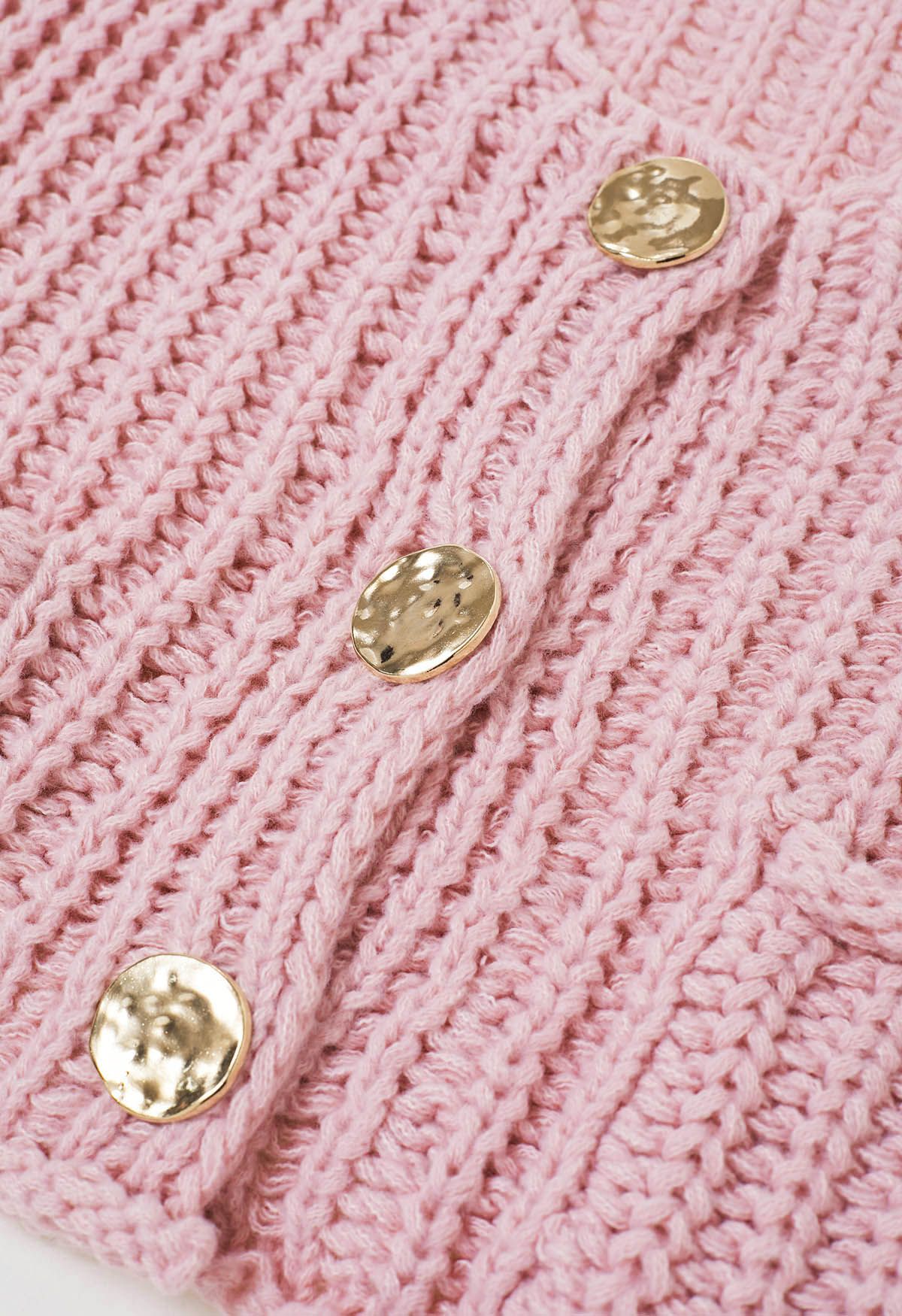 Bold Golden Buttons Patch Pocket Chunky Knit Vest in Pink