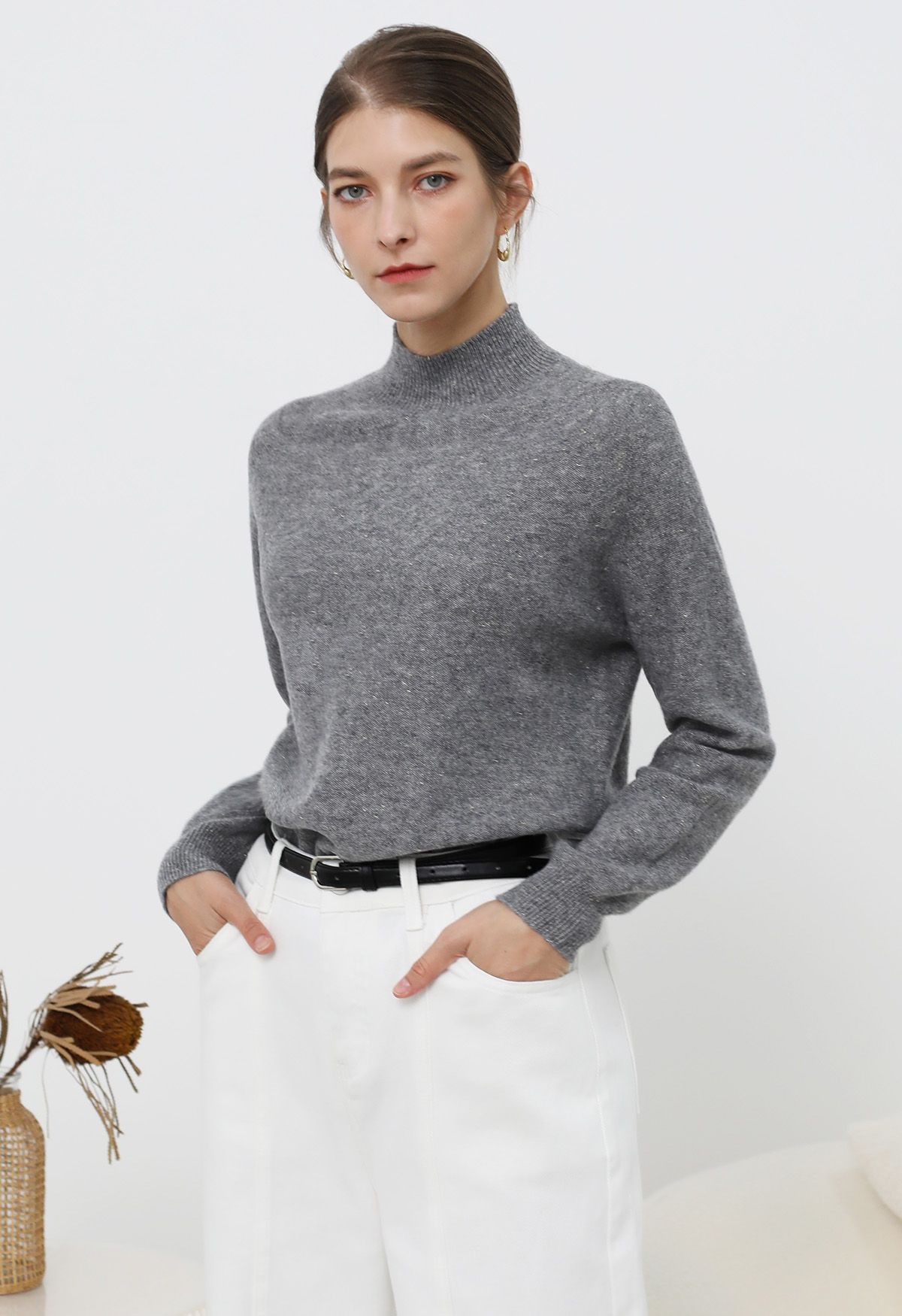 Integral Metallic Thread Mock Neck Wool Sweater in Smoke