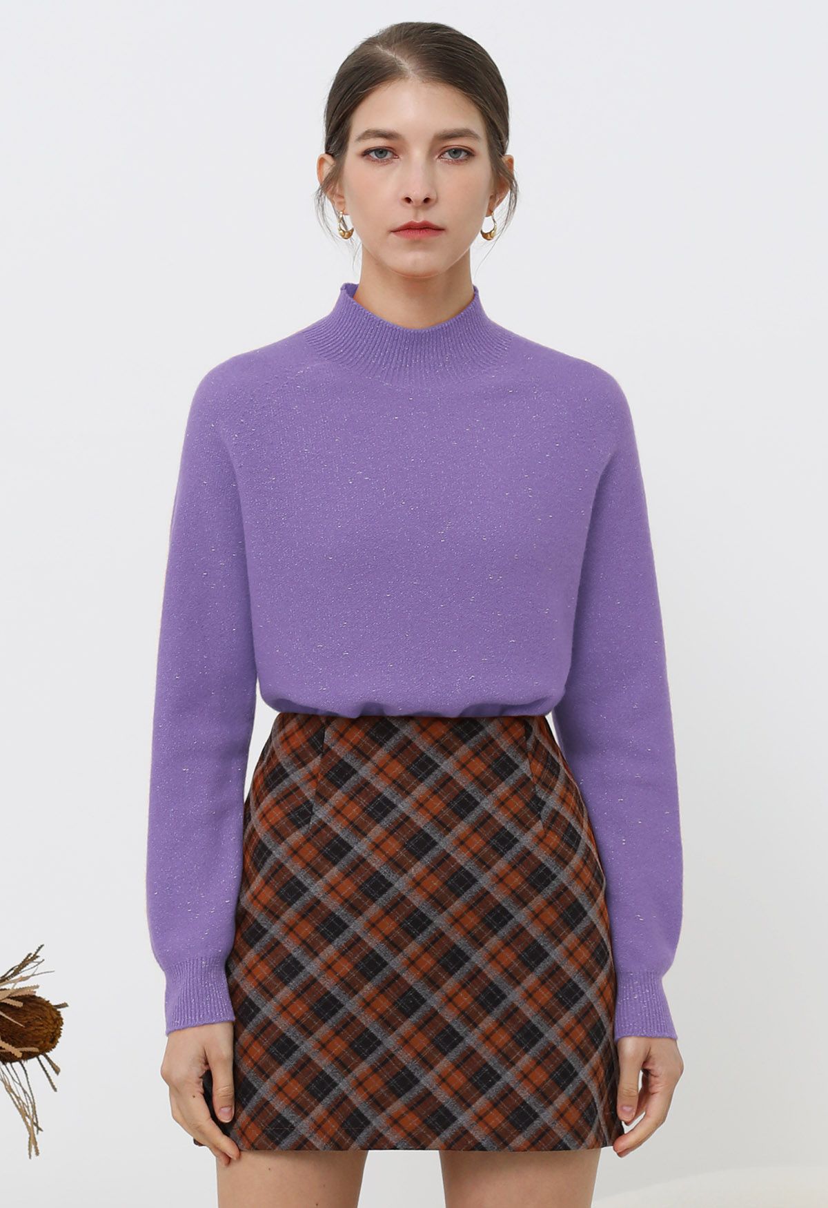 Integral Metallic Thread Mock Neck Wool Sweater in Purple