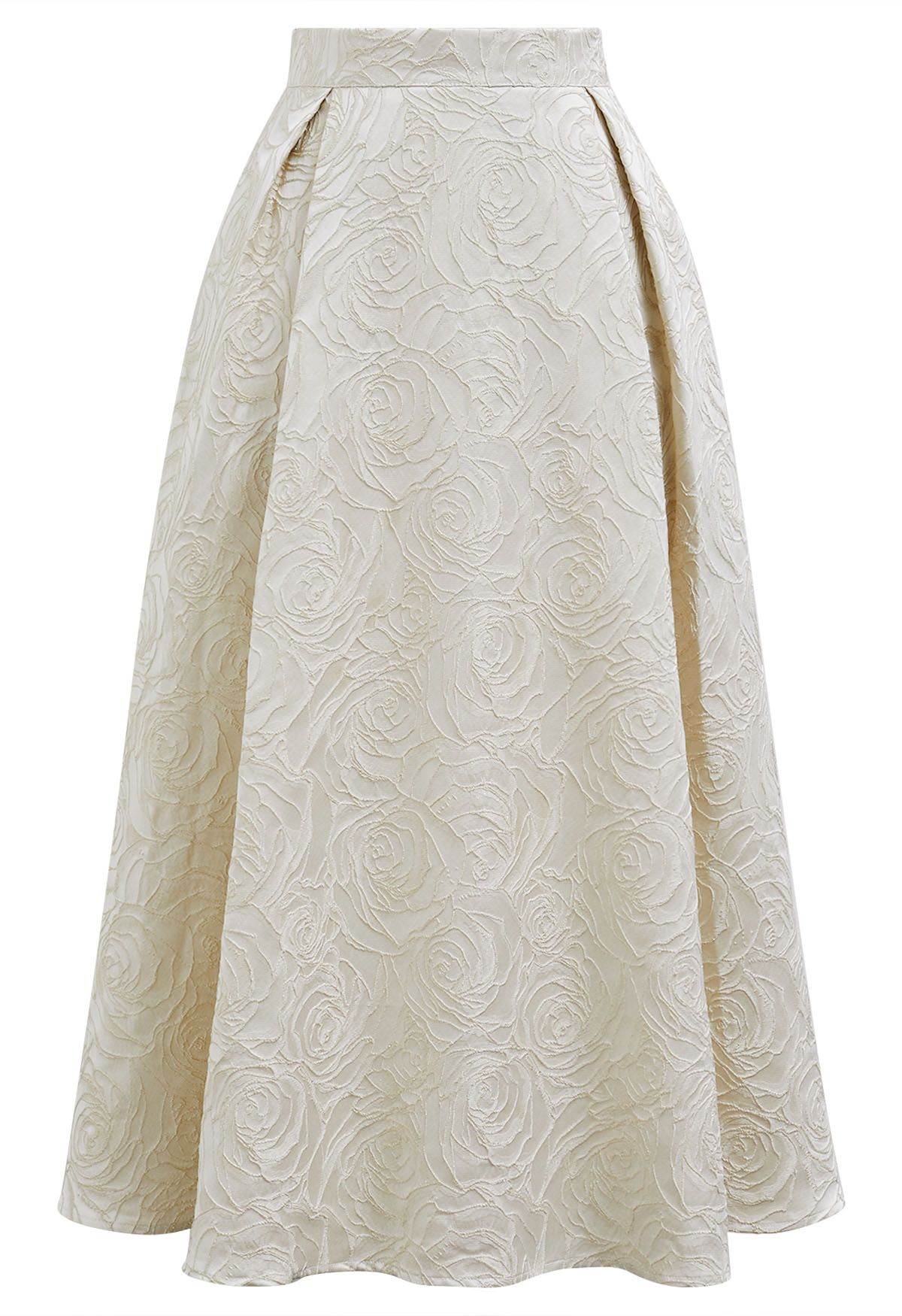 Delicate Roses Jacquard Embossed A-Line Midi Skirt in Ivory