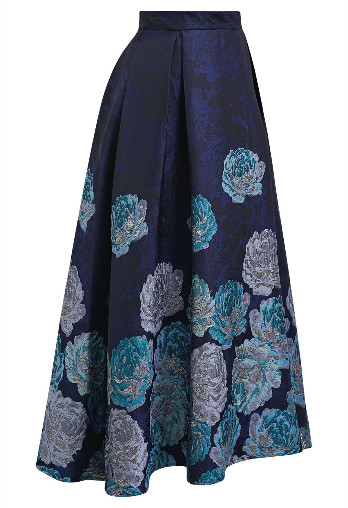 Midnight Blue Peony Jacquard Flare Maxi Skirt