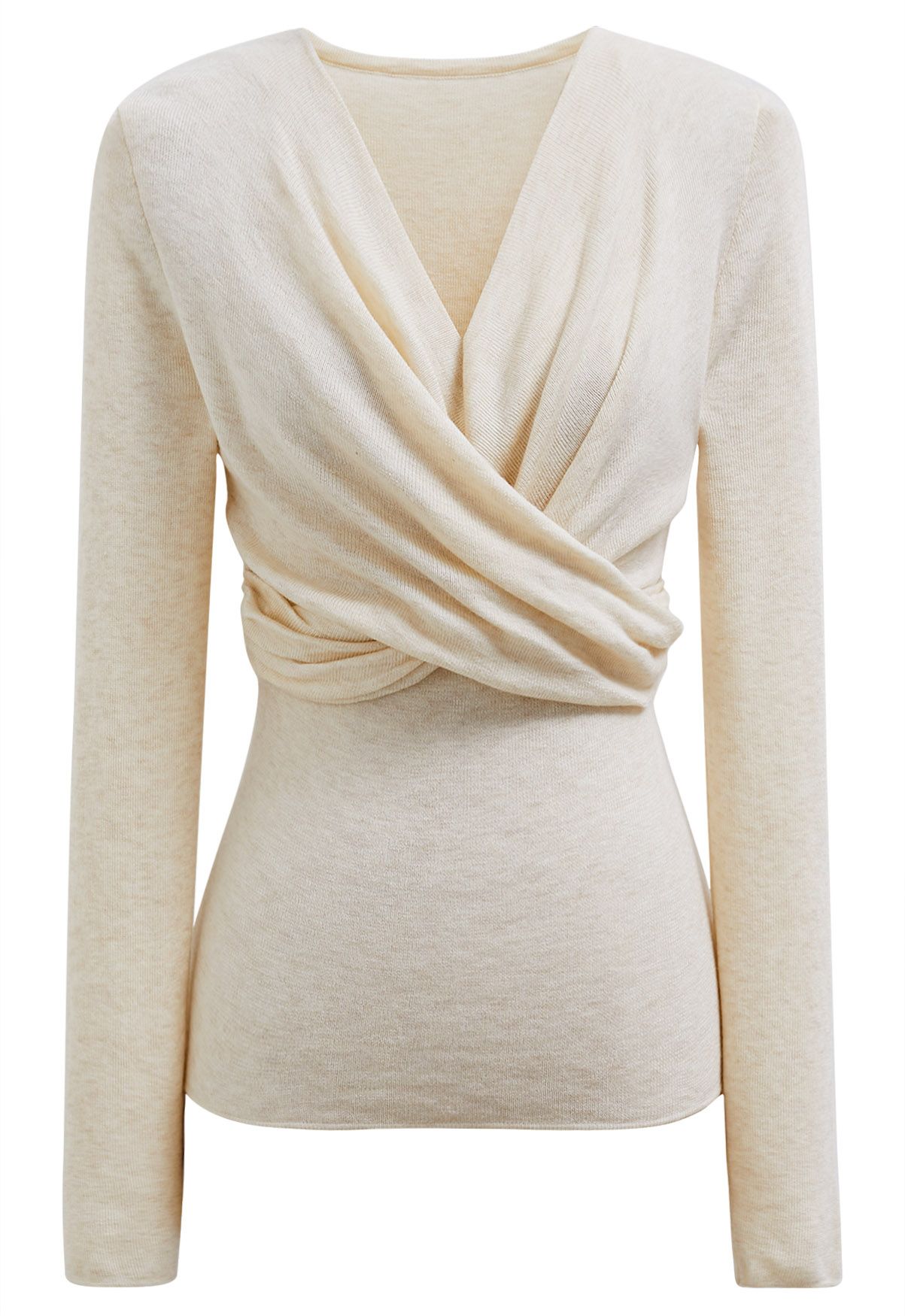 Artful Crisscross V-Neck Long Sleeve Knit Top in Cream