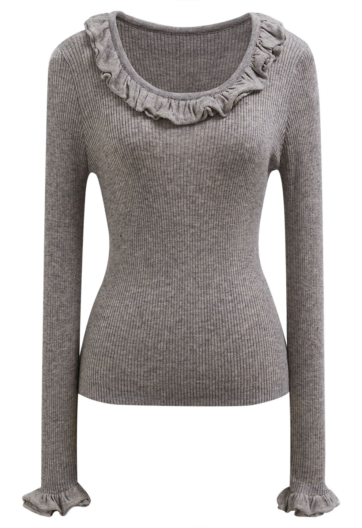 Ruffled Charm Long-Sleeve Ribbed Knit Top in Grey