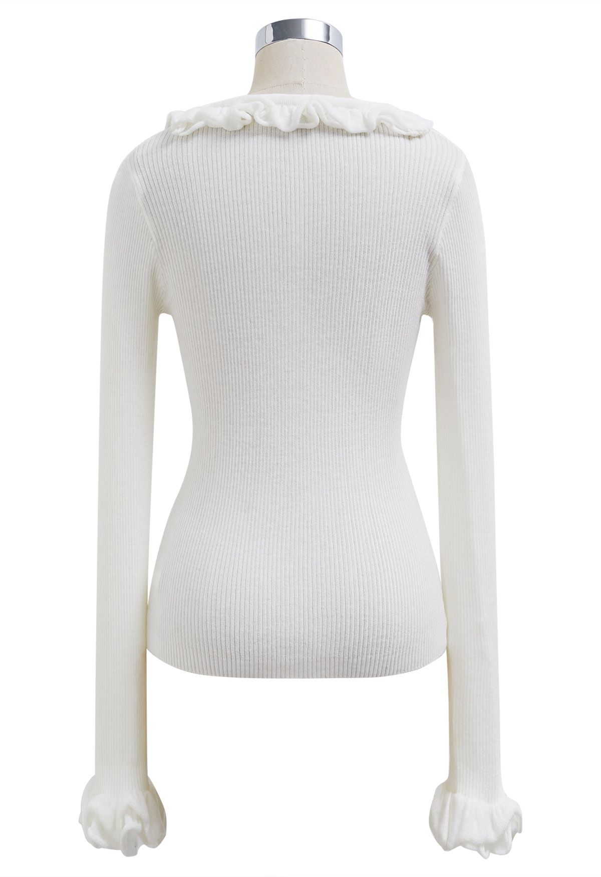 Ruffled Charm Long-Sleeve Ribbed Knit Top in White