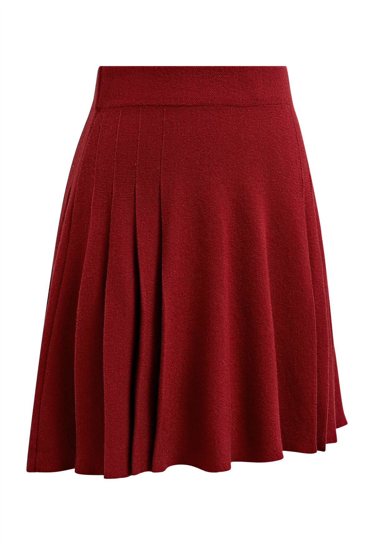 Side Pleats Knit Mini Skirt in Red