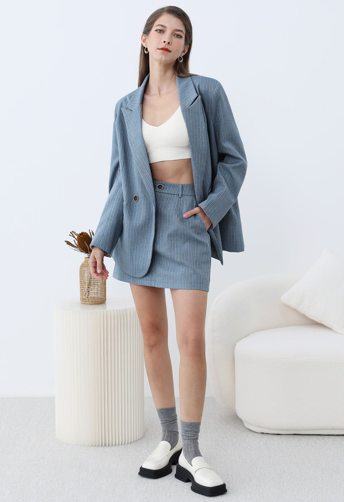 Everlasting Striped Padded Shoulder Oversized Blazer in Blue