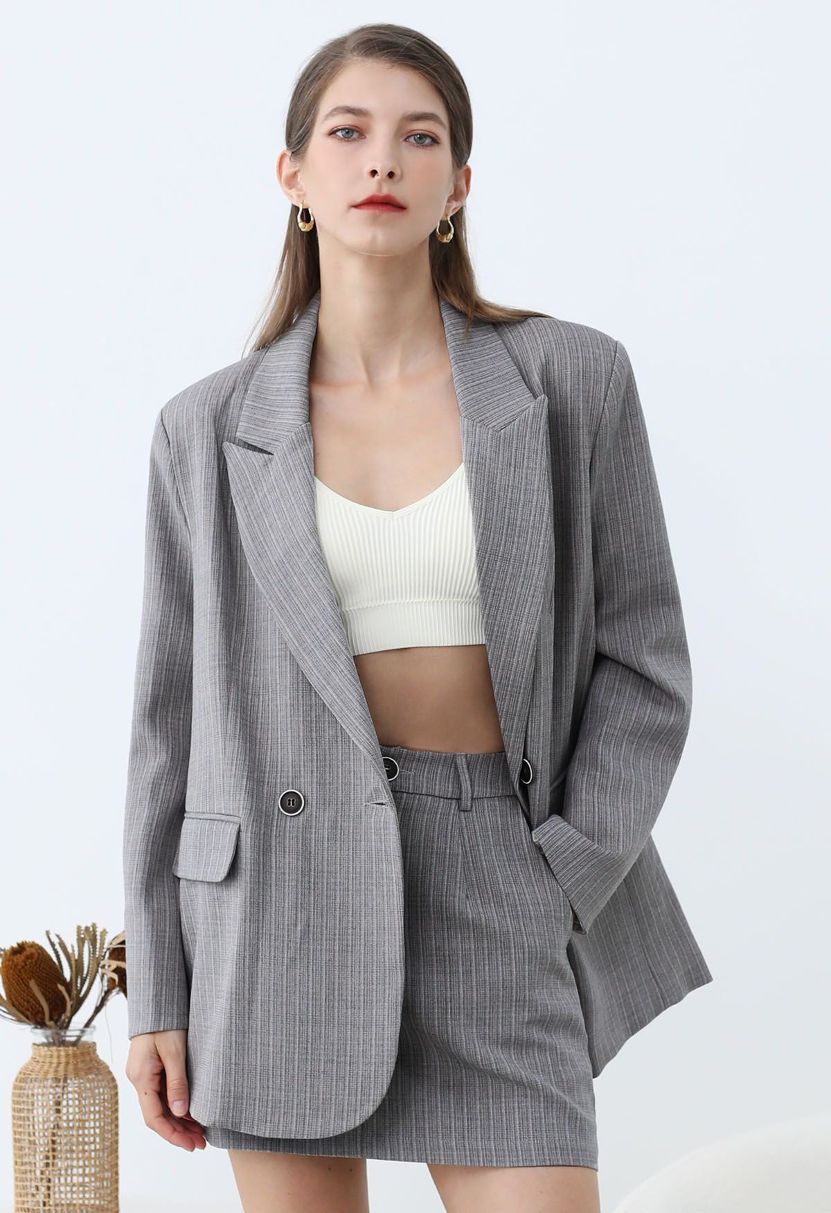 Everlasting Striped Padded Shoulder Oversized Blazer in Grey