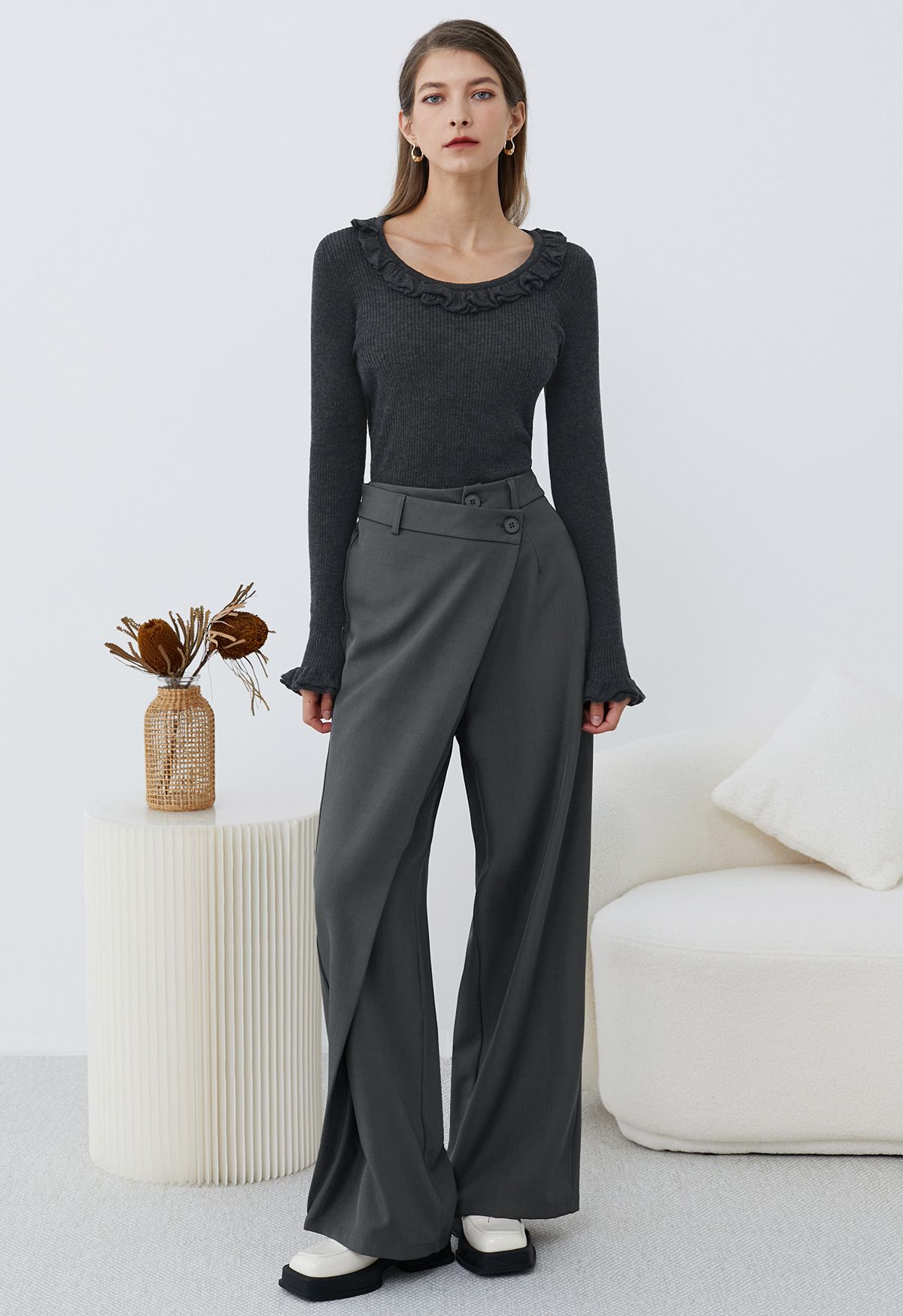 Asymmetric Flap Buttoned Straight-Leg Pants in Smoke