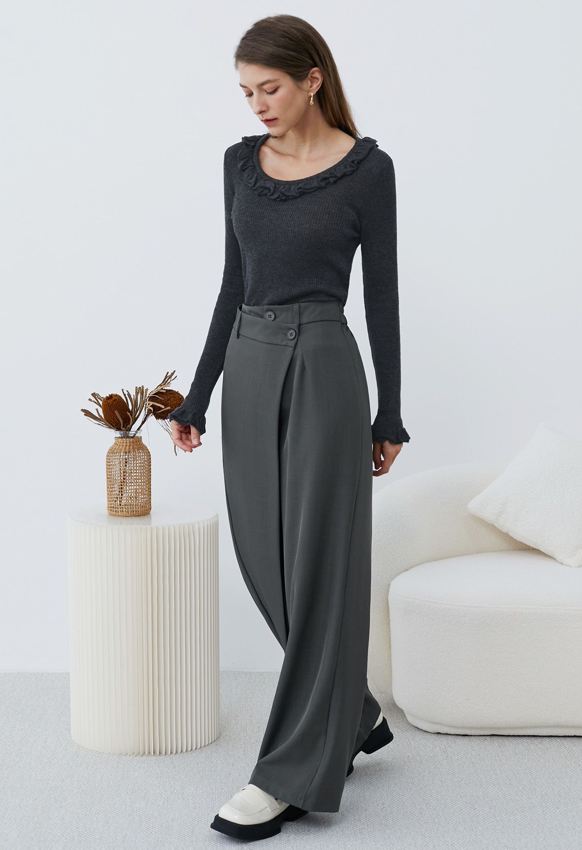 Asymmetric Flap Buttoned Straight-Leg Pants in Smoke