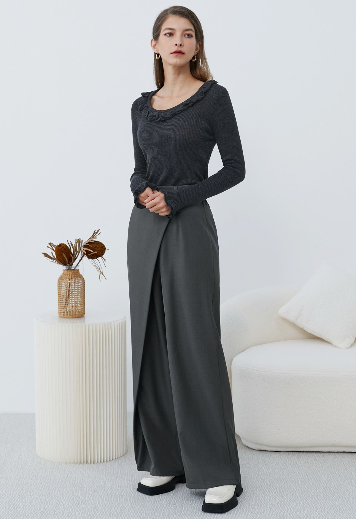 Asymmetric Flap Buttoned Straight-Leg Pants in Smoke