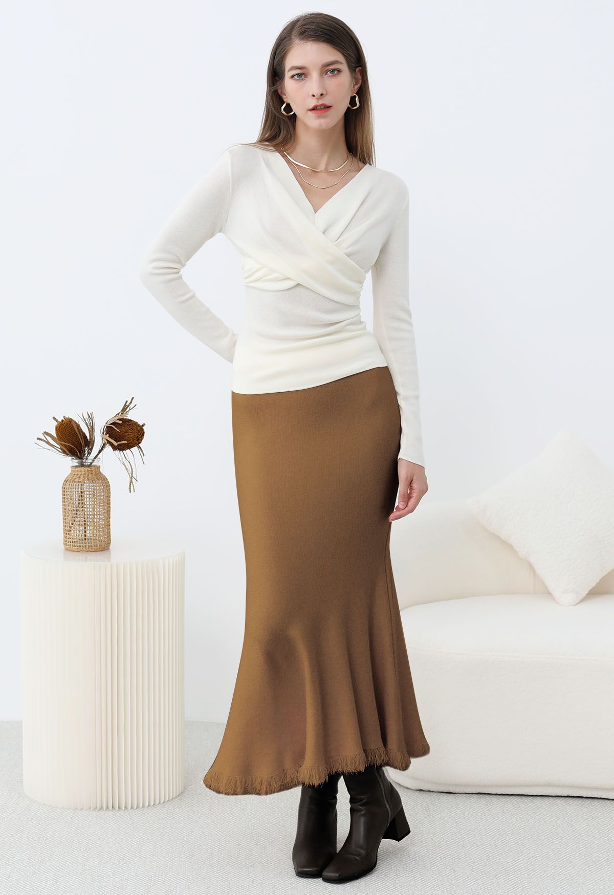 Easy Fringed Mermaid Knit Maxi Skirt in Caramel