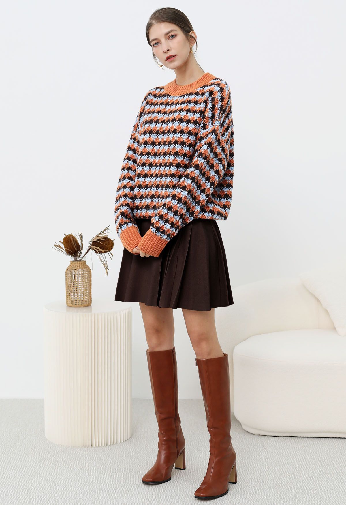 Side Pleats Knit Mini Skirt in Brown