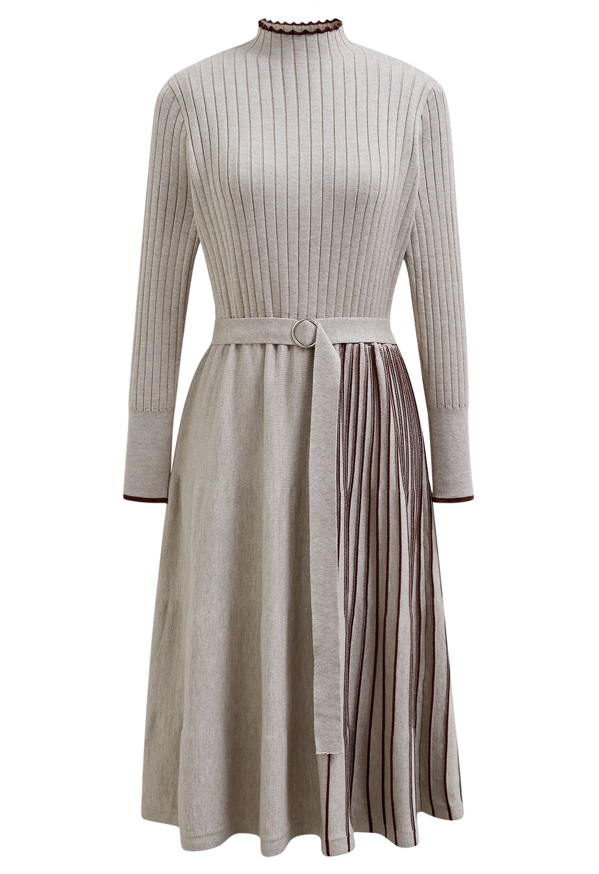 Inventive Contrast Striped Belted Ribbed Knit Dress in Oatmeal