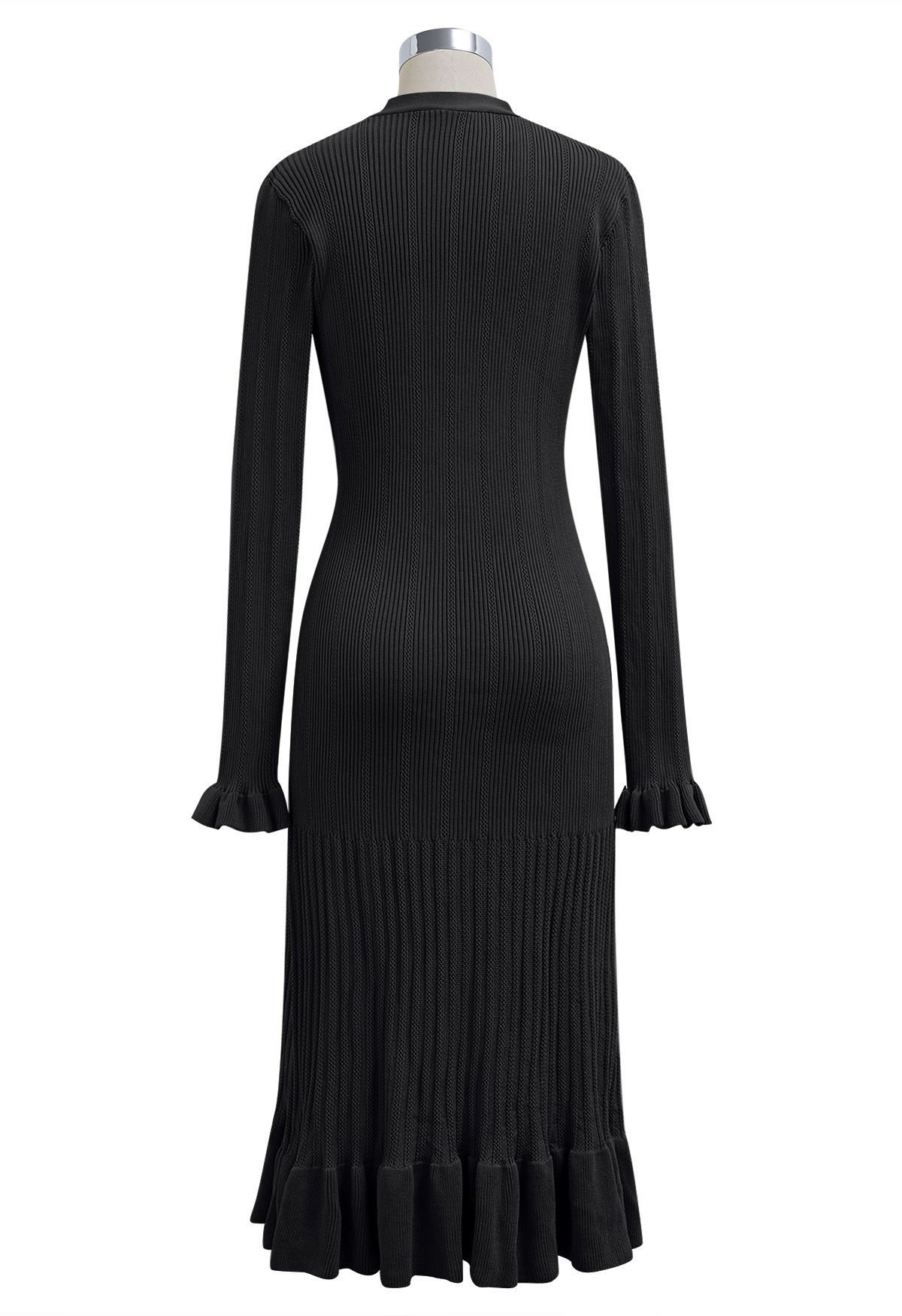 Ruffle Elegance V-Neck Buttoned Openwork Knit Dress in Black