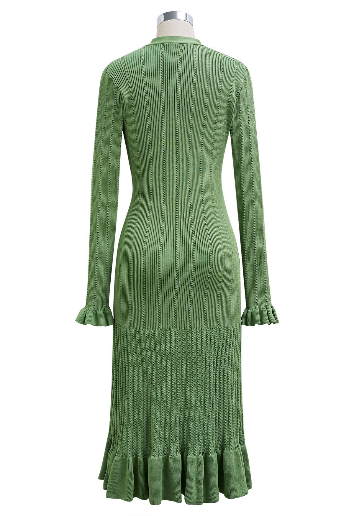 Ruffle Elegance V-Neck Buttoned Openwork Knit Dress in Green