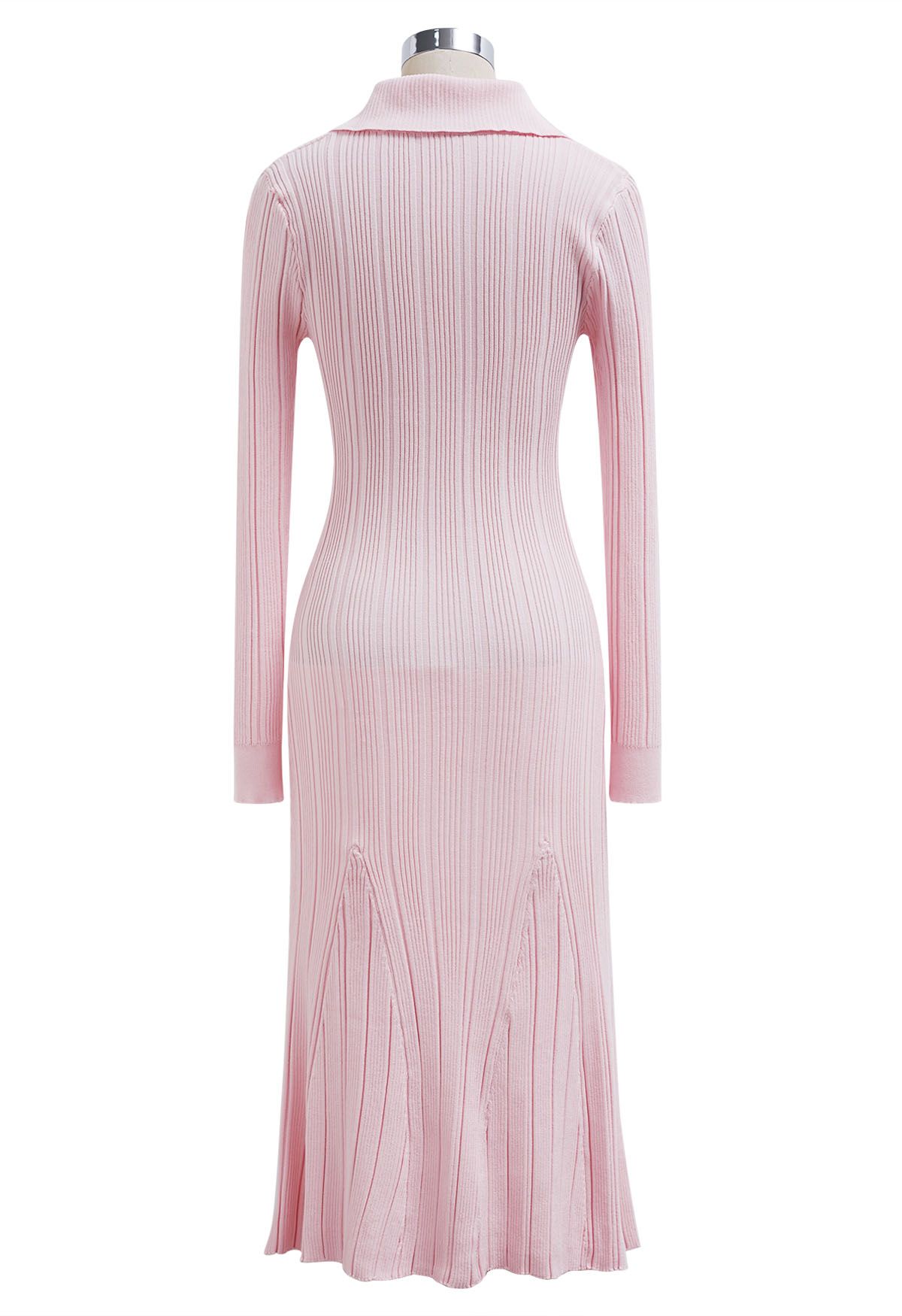 Relaxing Collared Flap Pocket Ribbed Knit Dress in Light Pink