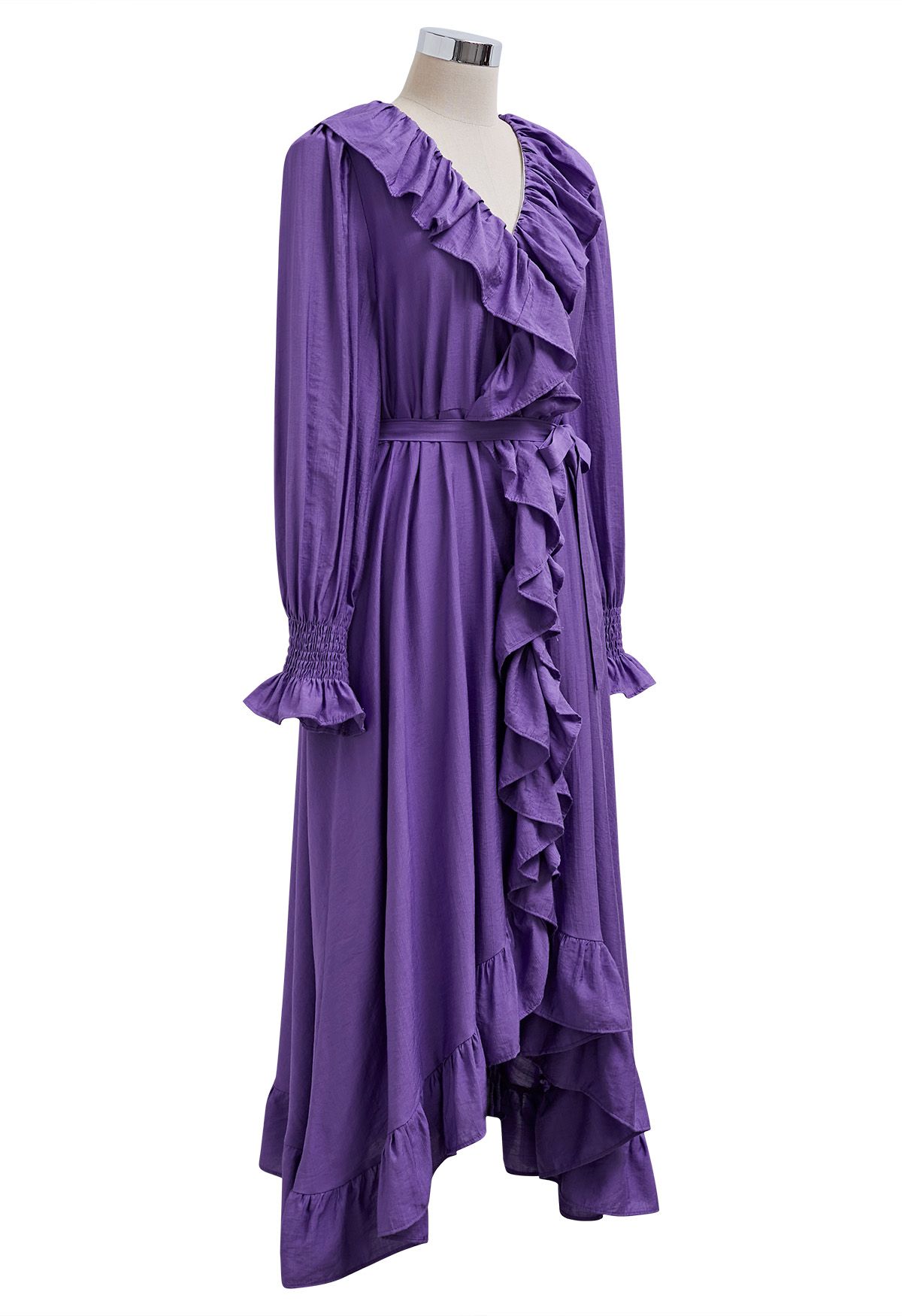 Whimsical Ruffle Asymmetric Button Down Midi Dress in Purple