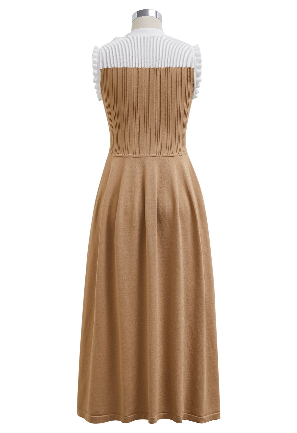 Bowknot Shoulder Ruffle Sleeveless Knit Midi Dress in Camel