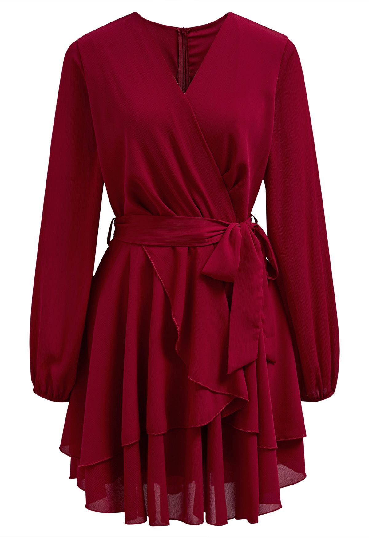 Lovable Tiered Ruffled V-Neck Wrapped Tie-Waist Mini Dress in Red