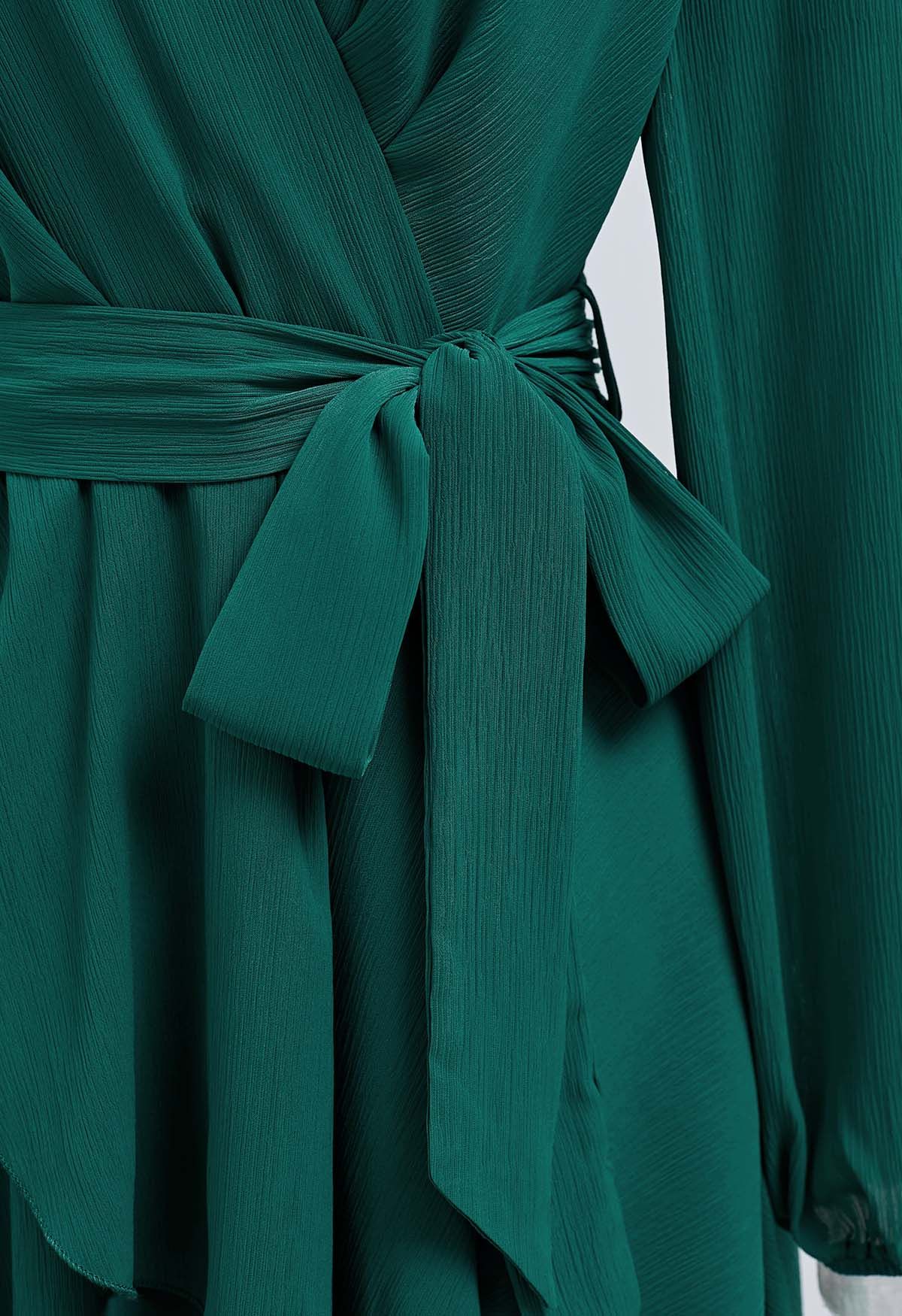 Lovable Tiered Ruffled V-Neck Wrapped Tie-Waist Mini Dress in Green